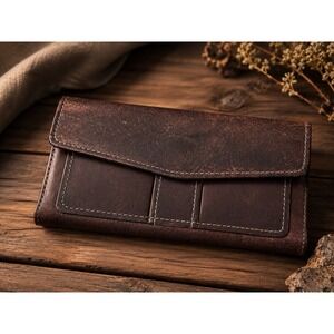 Fossil Brown Leather Tri-fold Long Wallet Checkbook Organizer 13 Card Slots